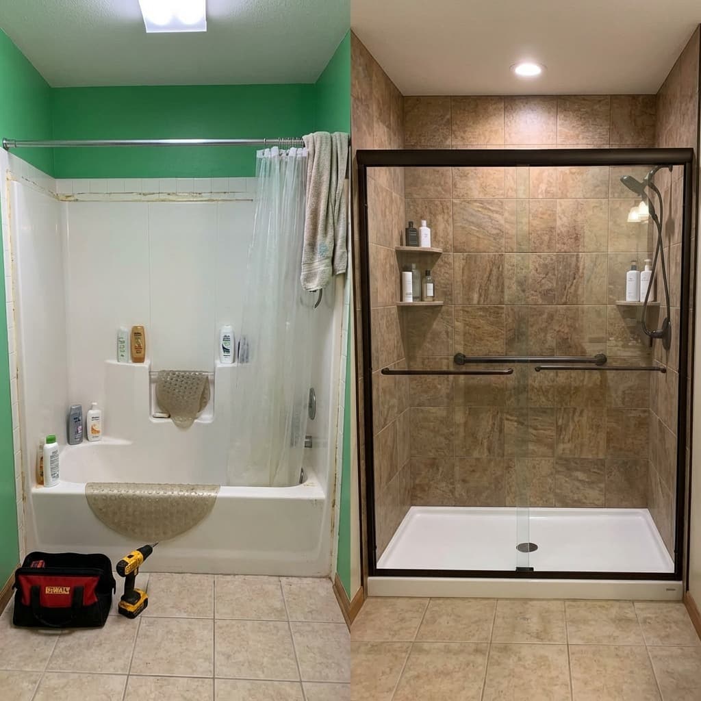 Before and after walk-in shower conversion — old bathtub to modern glass shower