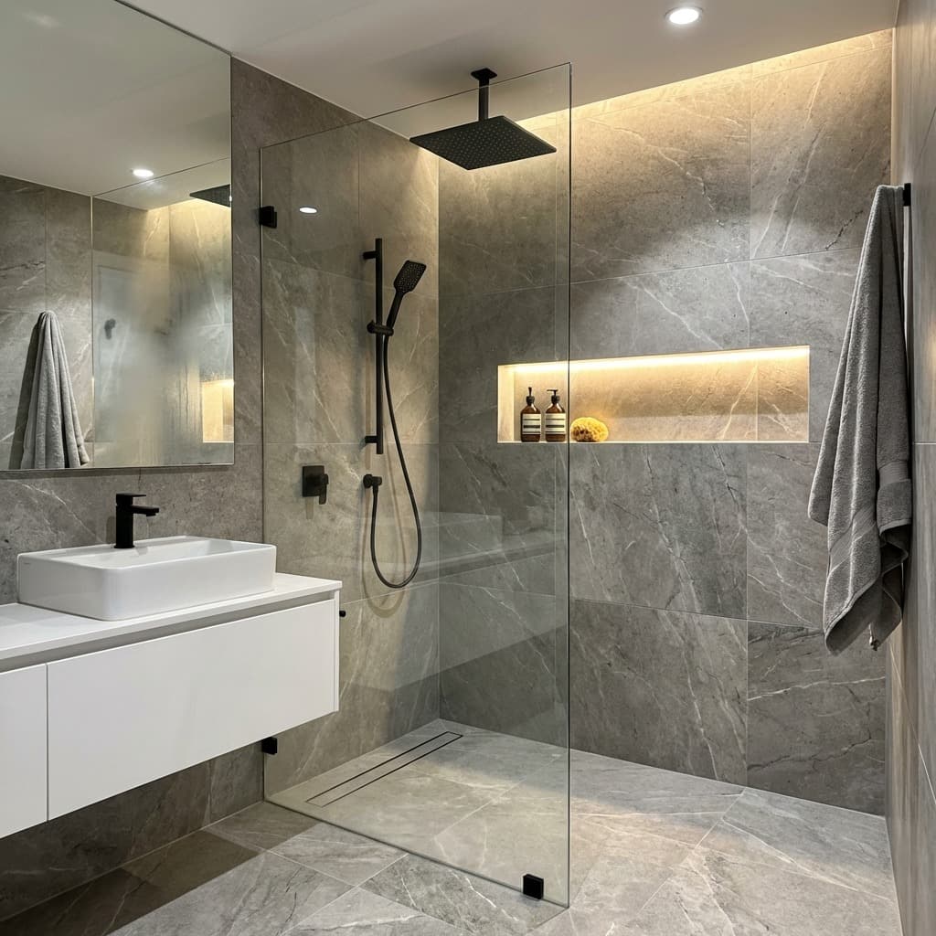 Modern walk-in shower with glass panel, rain head, and niche lighting
