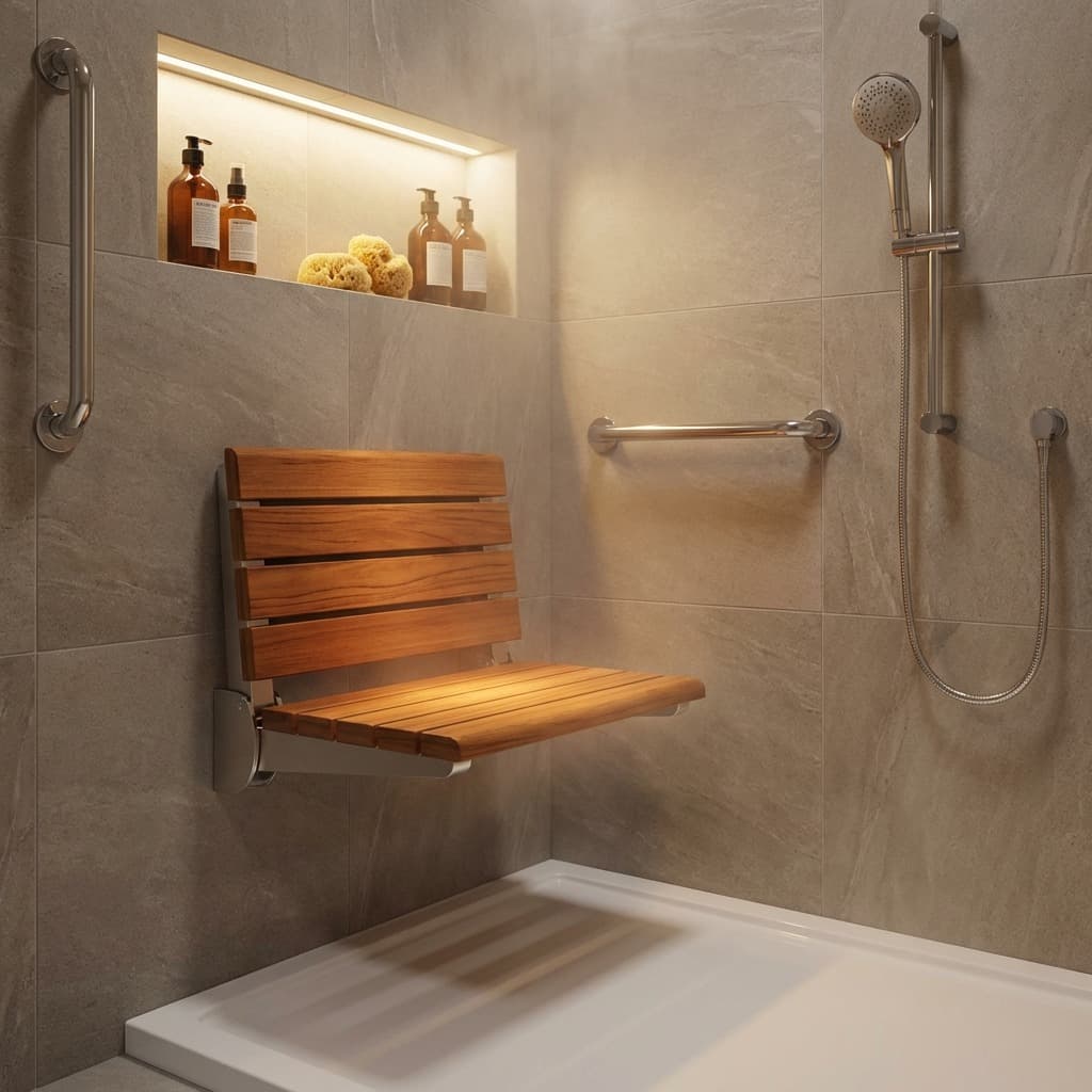 Walk-in shower with teak fold-down seat, grab bars, and handheld showerhead