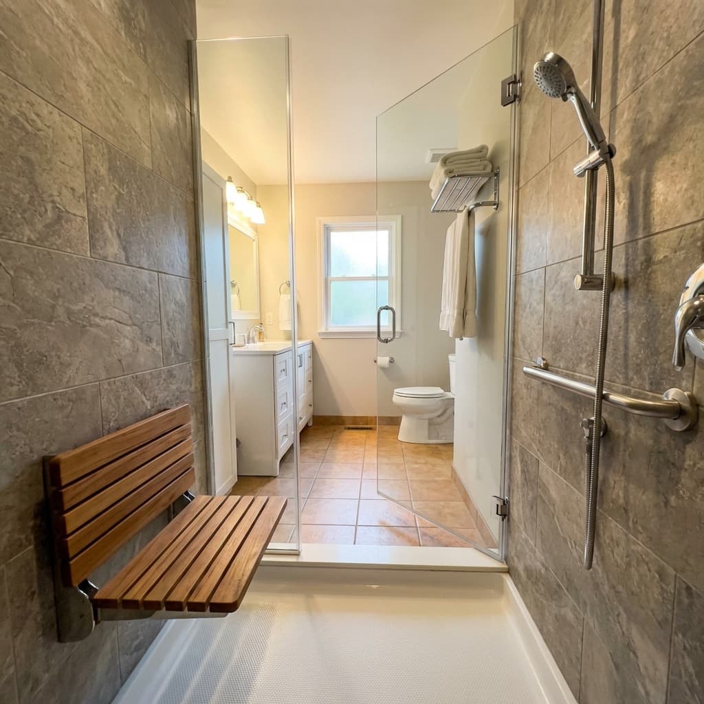 Walk-in shower with fold-down teak bench, handheld showerhead, and glass panel
