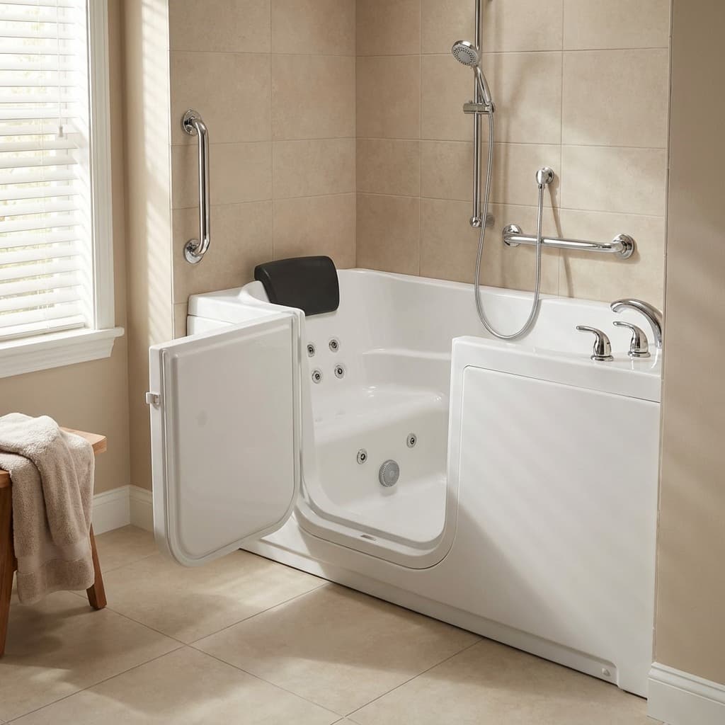 Walk-in tub with door access, grab bars, and handheld shower